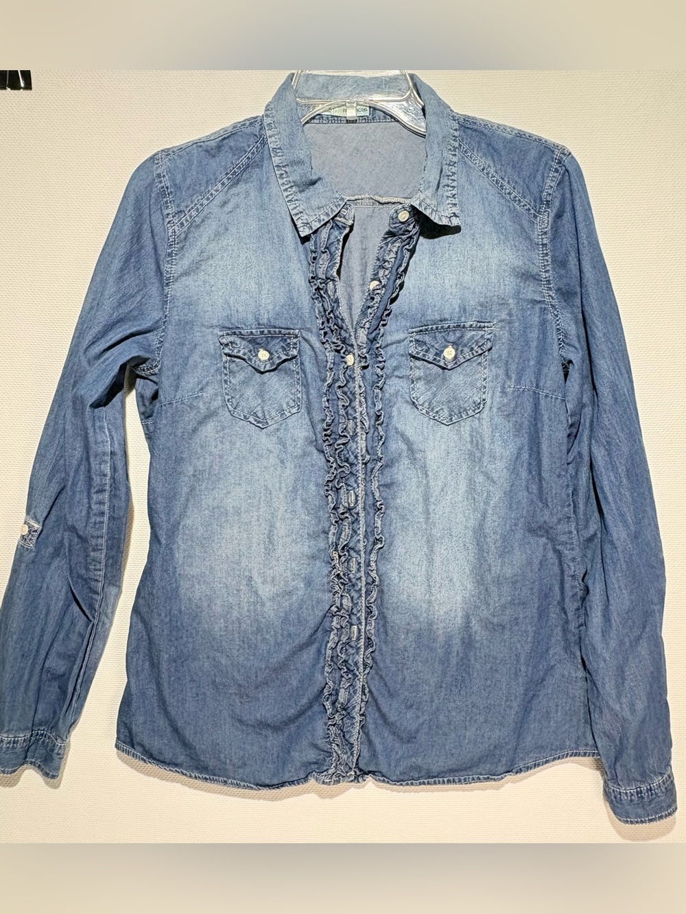 Maurices Light Blue Denim Ruffle-Front Button Down Shirt